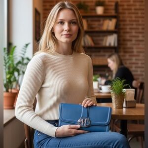 Michael kors monogramme vachetta leather clutch on n a beautiful blue color